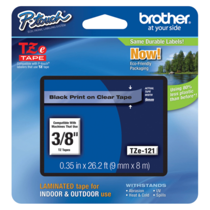 Cinta Brother TZE-121 | Negro sobre Transparente 9mm (3/8″) x 8 mts.