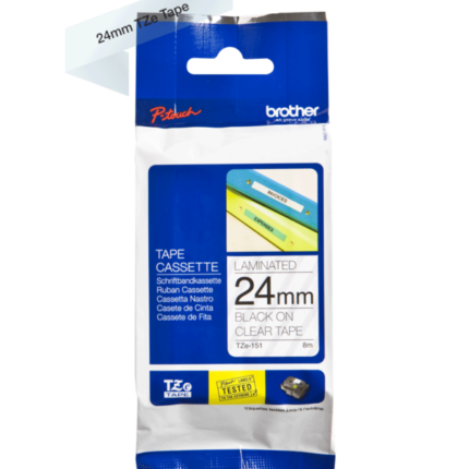 Cinta Brother TZE-151 | Negro sobre Transparente. 24mm (1″) x 8 mts.