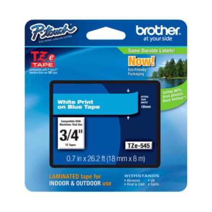 Cinta Brother TZE-545 Blanco sobre Azul 18mm (3/4″) x 8 mts